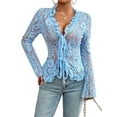 thumbnail image 2 of Women'S V Neck Lace Sheer Top Mesh See Through Shirts Open Front Tie Long Sleeve Blouses Y2k Going Out Tops Blue M, 2 of 10