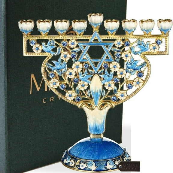 Matashi Hand-Painted Enamel Menorah Candelabra with Doves & Flowers Design – 6.5" Tall Pewter Hanukkah Decoration Gift