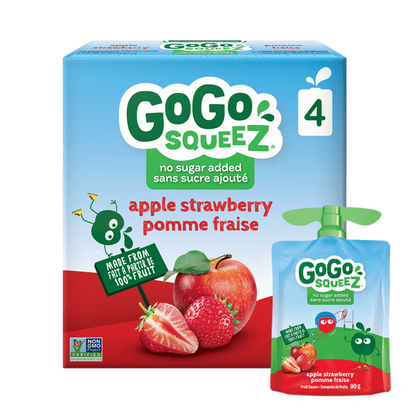 Compote de fruits GoGo squeeZ, pomme fraise, sans sucre ajouté. 90 g par gourde, emballage de 4
