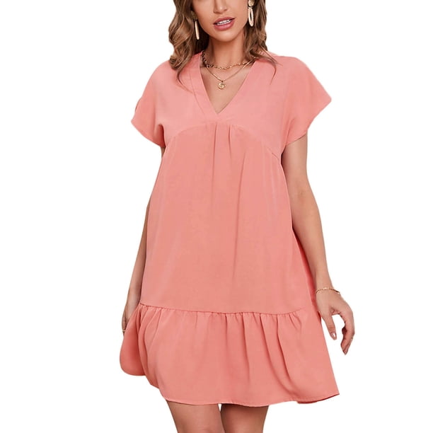 SAYOO Vestido de manga corta para mujer, vestido de ajuste holgado con dobladillo con volantes y cuello en V de color sólido, ropa informal simple y elegante de una pieza SAYOO S M L XL XXL