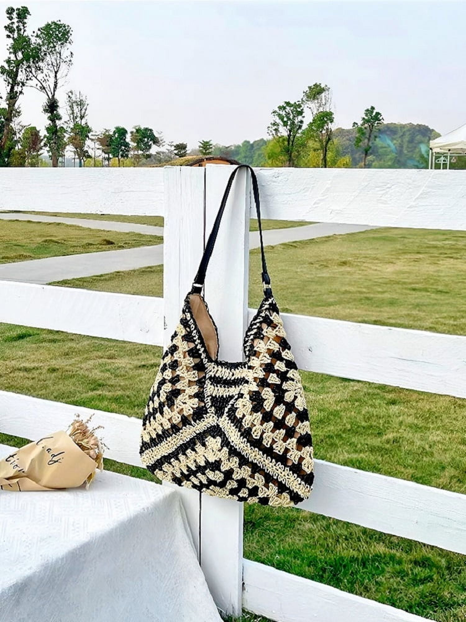 Women Woven Beach Bag Handbag Large Casual Straw Shoulder Bags Travel Straw Buckets(Black)