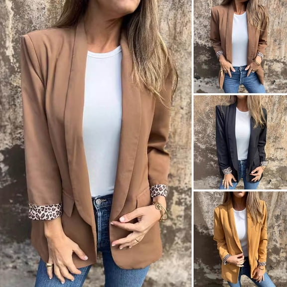 Women Suit Coat - Lapel Long Sleeve Leopard Print Cuffs Suit Jacket Solid Color Loose Fit Open Front Casual Business