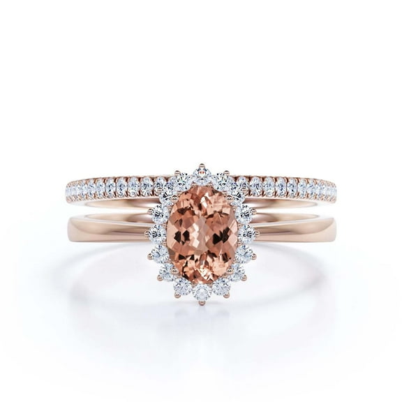 Beautiful Minimalist 2.00 Carat Oval Morganite And Diamond Moissanite Engagement Ring, Halo Wedding Ring, One Matching Band in 925 Sterling Silver With Plain 18k Rose Gold Plating Band Gift For Her