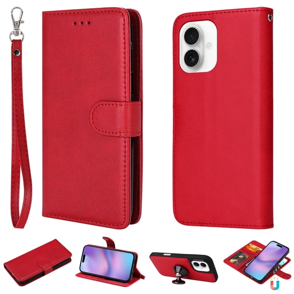 Feishell Wallet Case for iPhone 16, Detachable 2 in 1 Magnetic Wallet Phone Cover, RFID Blocking Card Holder & Cash Slot Flip Kickstand PU Leather Case with Wrist Strap,Red