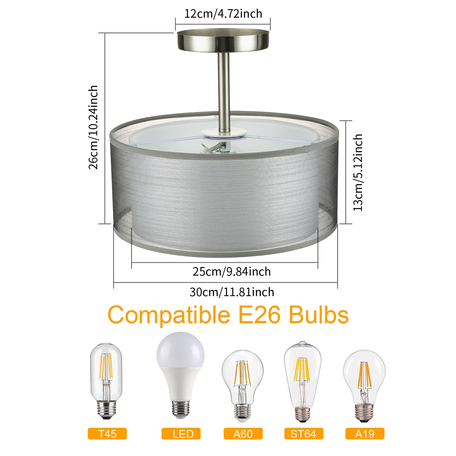 FRIDEKO HOME 12inch Semi Flush Mount Ceiling Light, Double Fabric Shade, 3-Lights Modern Drum Light Fixture for Hallway, Living Room, Bedroom (Without Bulbs)