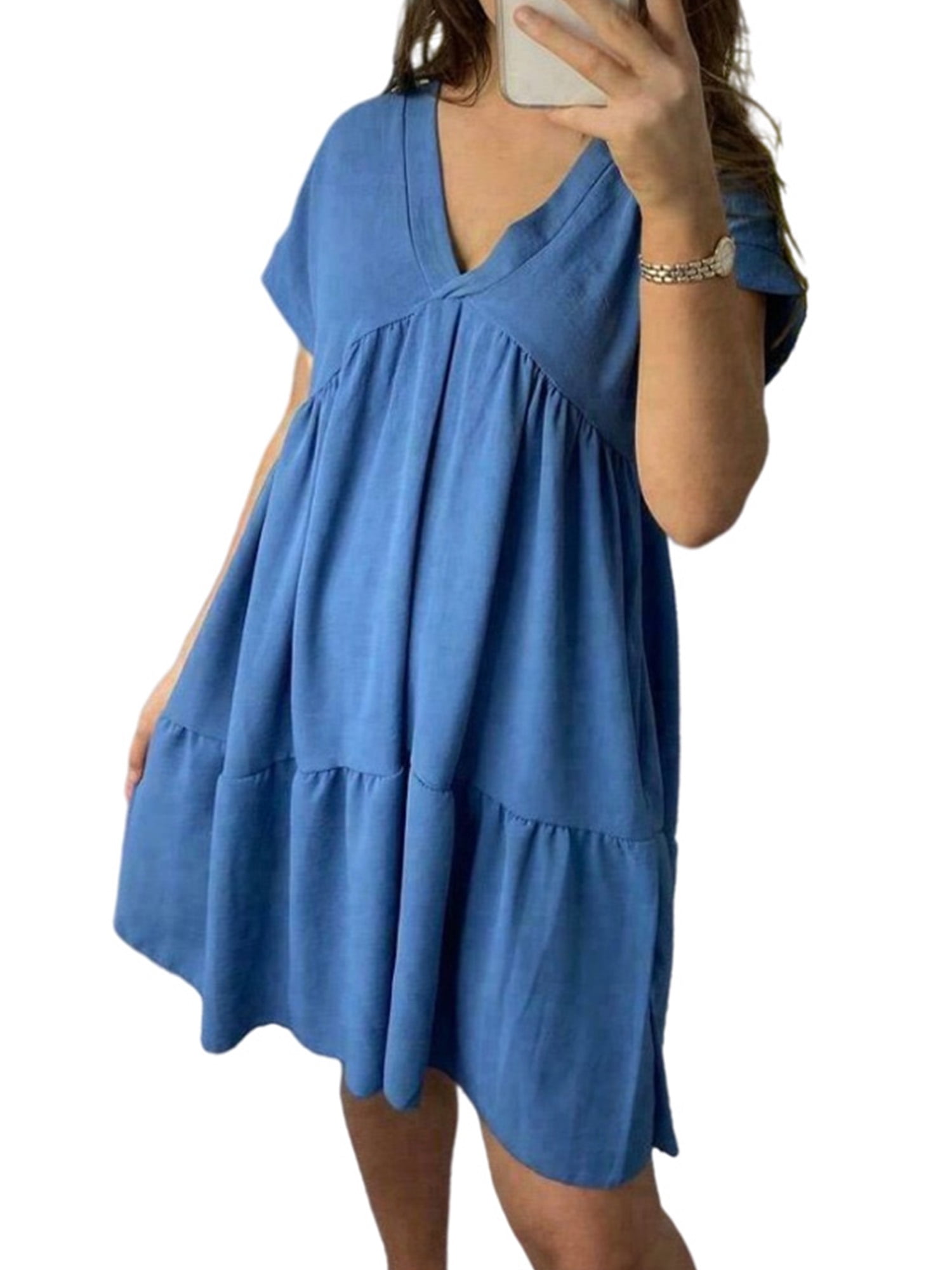 iLUGU V Neck Short Sleeve Maxi Dress For Women Solid Color A-Line Empire Line Holiday Dresses For Women