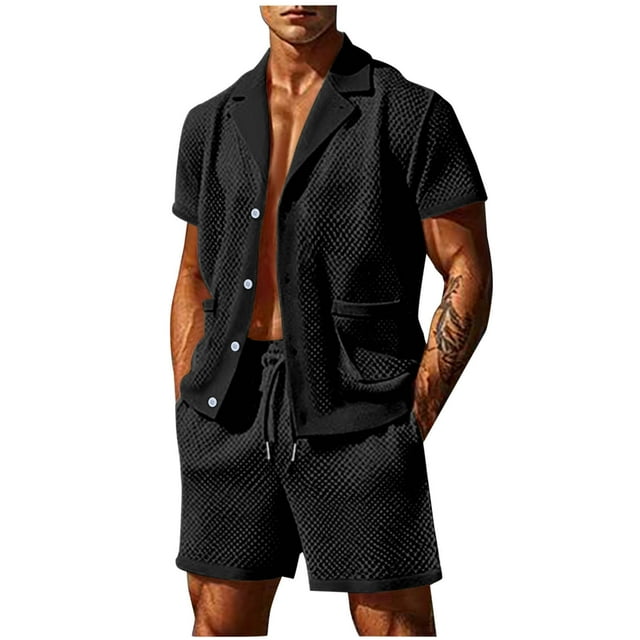 NTACZA Men's 2 Piece Shorts Set Button Down Short Sleeve Tracksuits Men's Breathable Mesh Sweatsuits L