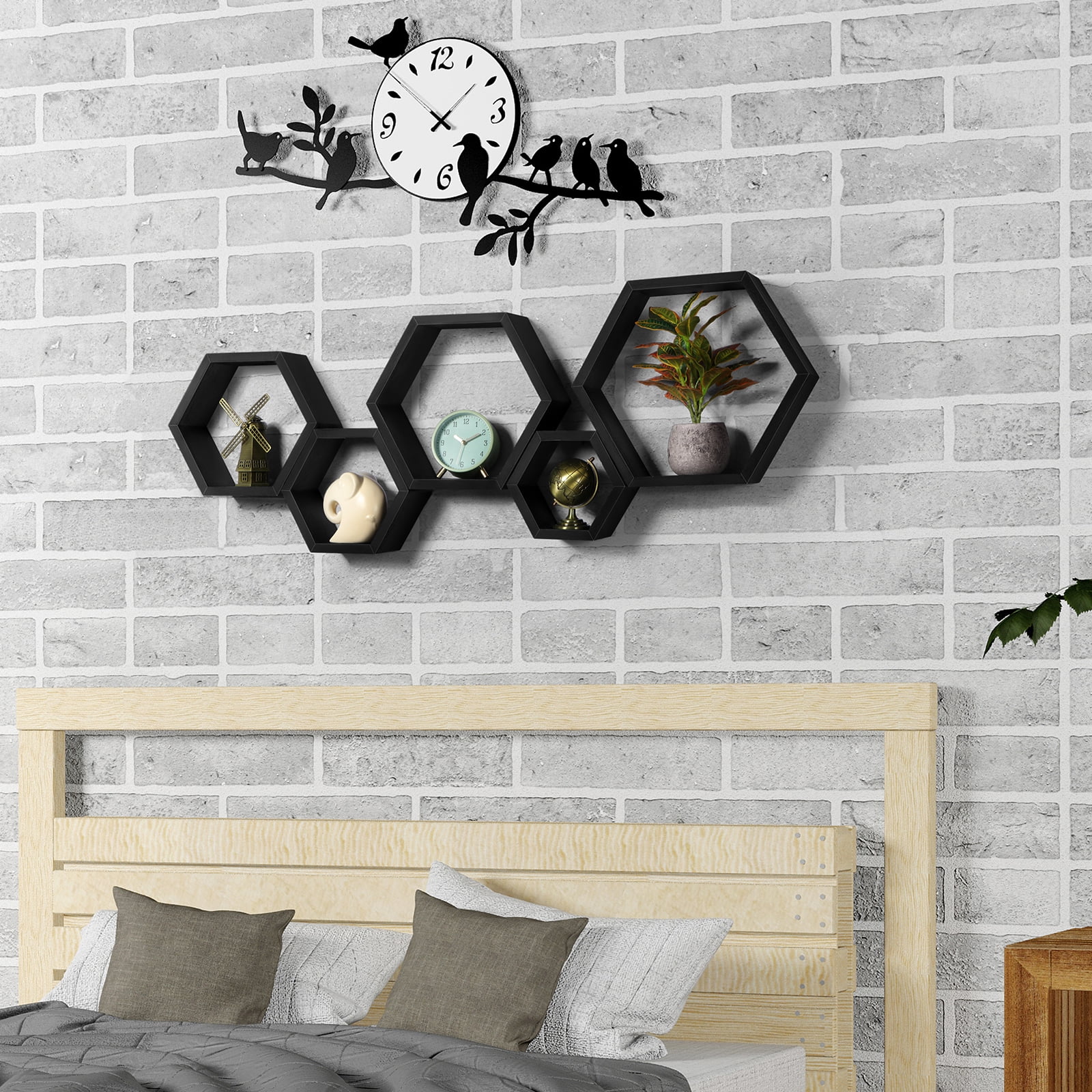 Hexagon Floating Shelves 5 Different Sizes Honeycomb Shelves for Wall, Black