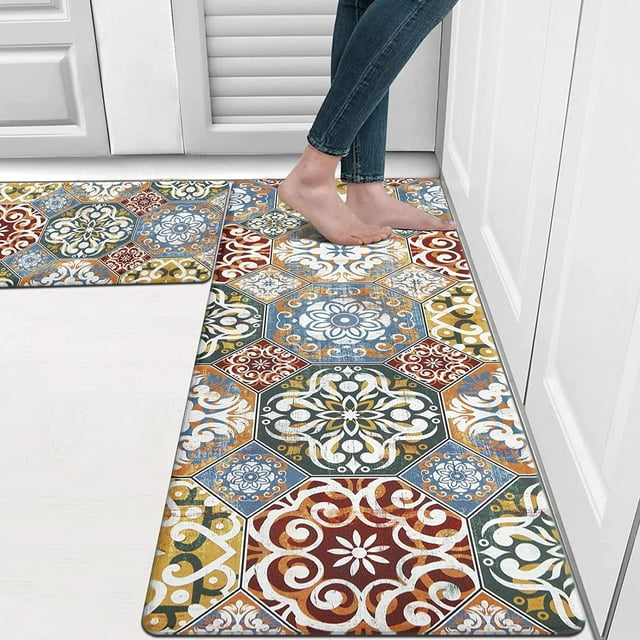 MeyJey Kitchen Rug Set of 2, Anti Fatigue Kitchen Mat 2 Pieces, Non Skid Waterproof Cushioned Boho Floor Mat and Runner Rug, 17"x28"+17"x48", Colorful