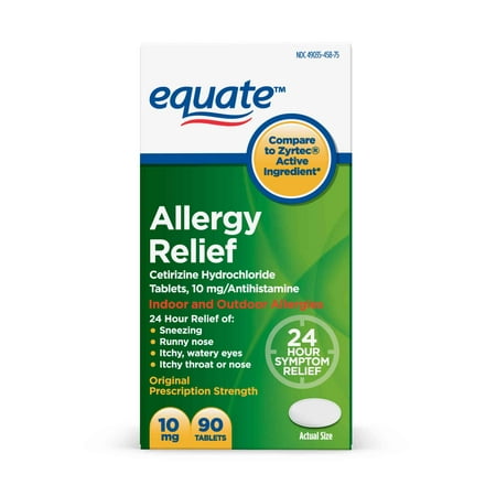 Equate Allergy Relief Cetirizine Antihistamine Tablets, 10 mg, 90