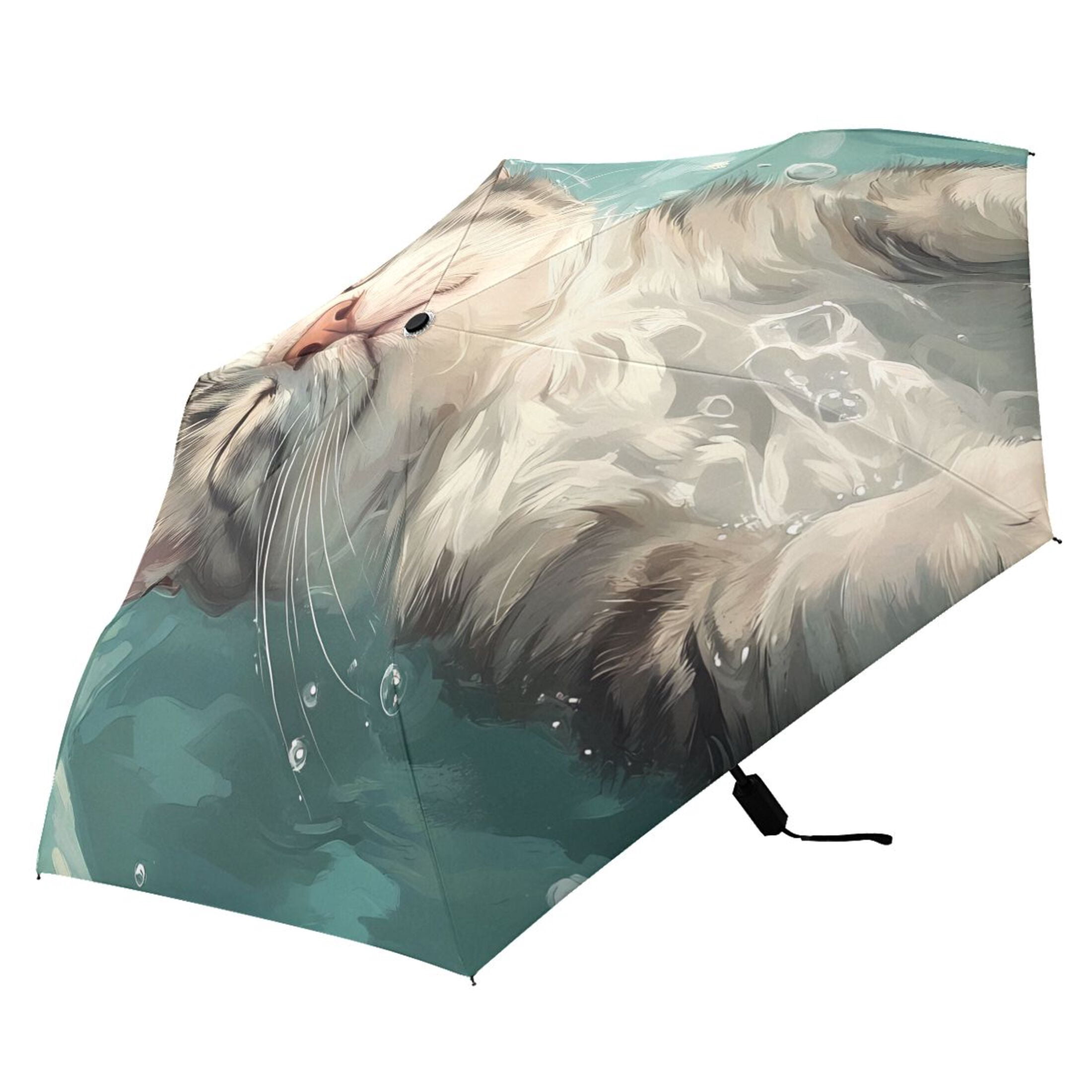 Cat Floating in Water Compact Sun Umbrella Windproof Travel Umbrellas for Rain Strong Portable UV Protection