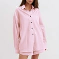 thumbnail image 6 of 2 Piece Linen Outfits for Women Fall Spring Long Sleeve Button Up Shirt and Elastic Waist Shorts Set Travel Clothes (M, Pink), 6 of 7