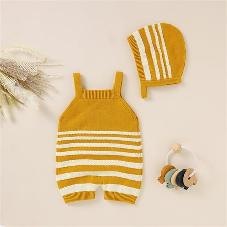 

Hunpta Newborn Baby Knit Romper Cotton Sleeveless Boy Girl Sweater Clothes Striped Jumpsuit 1 Piece With Hat Caps Outfits Set