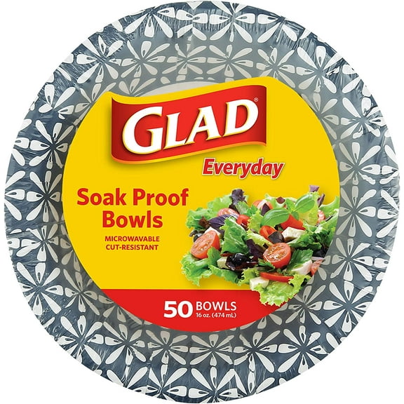 Round Disposable Paper Bowls, Blue Mosaic Design - Heavy Duty, Soak Proof, Cut-Resistant, Microwavable Bowl for All Foods & Daily Use, 16 Oz, 50 Count