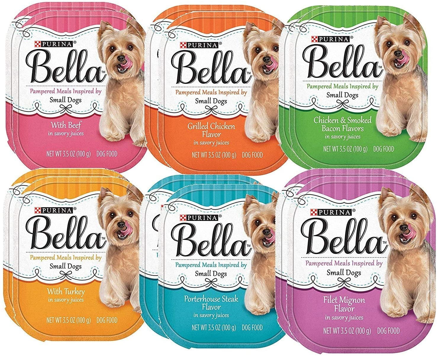 Bella Purina Small Dog Food 6 Flavor 12 Can Bundle (2) Beef, (2