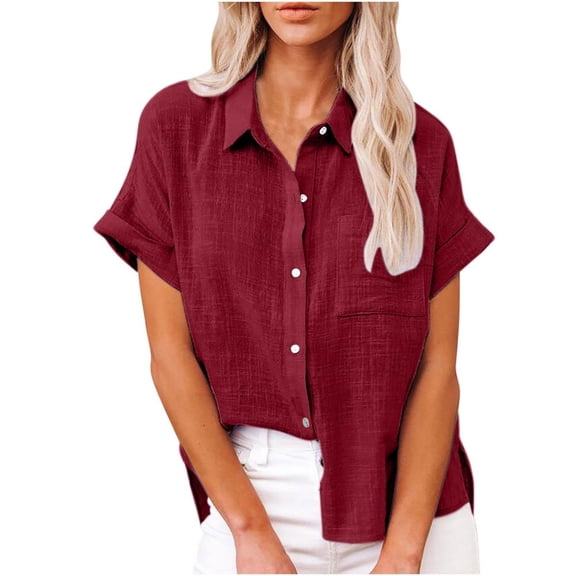 Patlollav Women'S Cotton Linen Tops Short Sleeve Fashion Solid Button Shirt Female V-Neck Loose T-Shirt Blouse