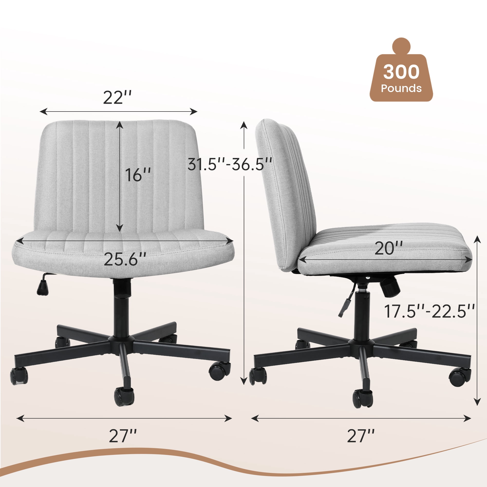 TUAREX Criss Cross Rolling Chair, Wide Seat Armless Office Chair with Wheels, Plus Size Comfort for Desk, Vanity or Bedroom, Grey