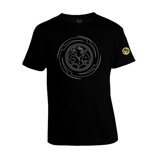 playera tirando rostro américa talla ch tribal negro camiseta deportiva de hombre 100% algodón peinado, vista frontal centrada en negro con estampado serigráfico tribal circular blanco y silueta de América en el pecho, logo amarillo en la manga; fondo neutro. También suele usarse como camiseta para aficionados del fútbol.