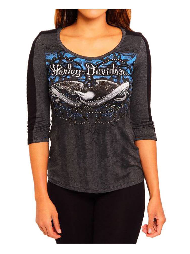 Women's Strong Spirits Embellished 3/4 Sleeve Top, Charcoal (S), Harley ...