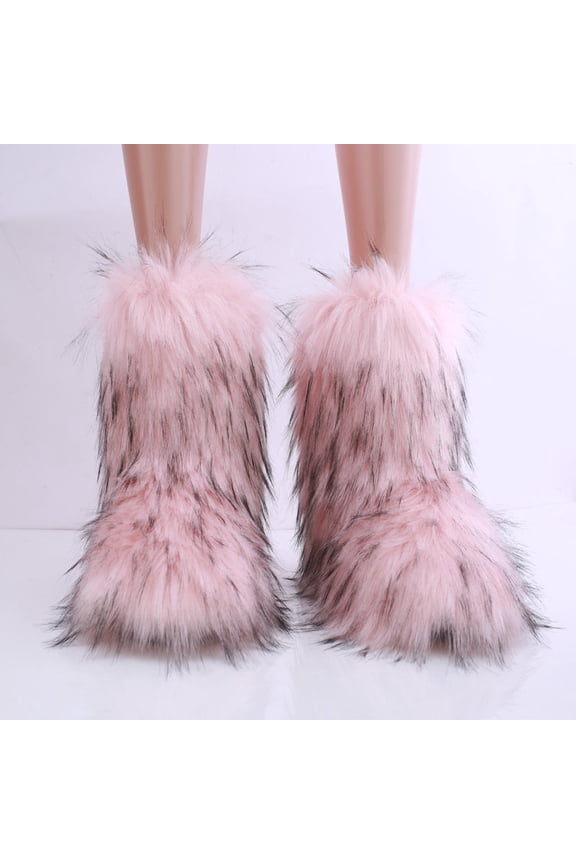 Women Winter Fluffy Faux Fur Mid-Calf Snow Boots Girls Outdoor Furry Warm Boots