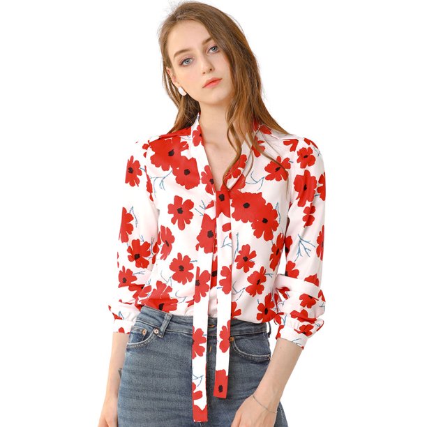 Camisa Casual Floral con Corbata de Lazo para Mujeres Allegra K Blanco XS