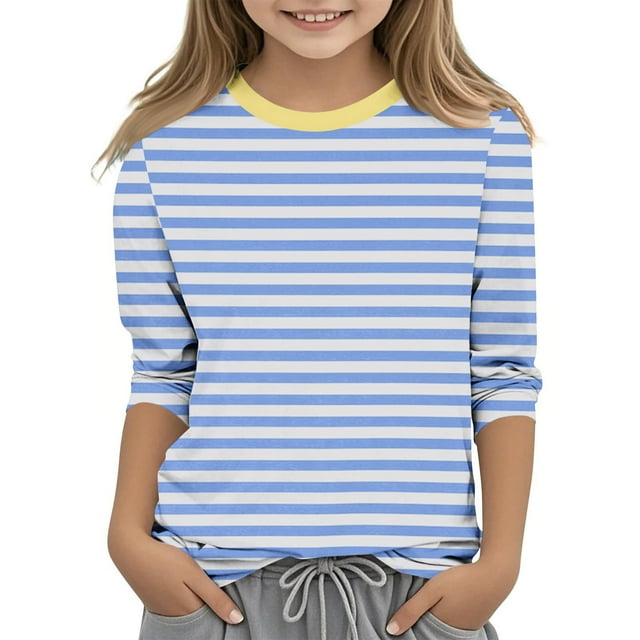 Amzcrzy Vêtements Unisexes pour Bébé Fille 3-12 Ans Mode Rayé Manches 3/4 Hauts Décontractés Printemps Col Rond T-Shirts Confortables pour Adolescents