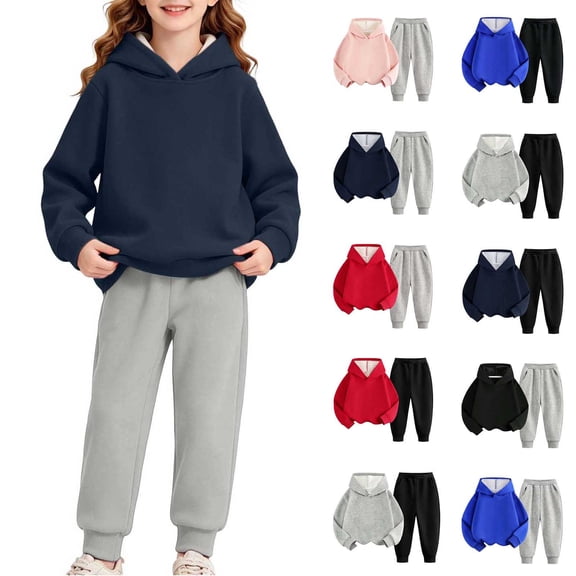Girls Sweatsuits 2 Piece Fall Winter Cotton Fleece Warm Outfits 1-15Y Pullover Hoodie and Jogger Pants Set (7-8 Years, Navy&Gray)