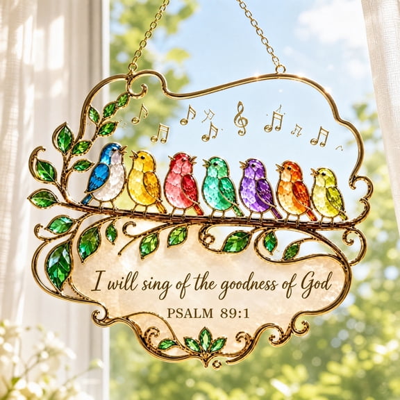 BiFandian Stained Glass Bird Suncatcher, Window Hanging with Psalm Bible Verse Branch Design, Religious Home Decor Gift for Living Room, Kitchen, Prayer Space