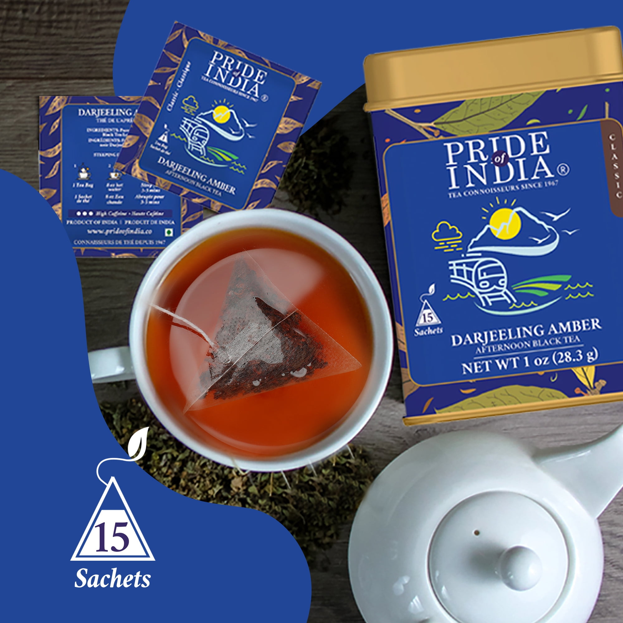 Pride of India | Darjeeling Amber Afternoon Black Tea | 15 Pyramid Full Leaf Individually Wrapped Tea Bags | Mellow, Smooth, Flowery Taste | Single Estate Certified Tea | Fragrant, High Caffeine
