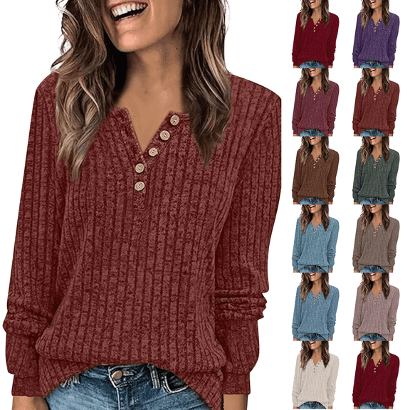 Long Sleeve Henley Shirts Womens Lightweight Sweaters 2026 Fall Casual Crewneck Tunic Tops Ribbed Soft Loose Fit Business Office Work Daily Wear Tunic Winter Brown L