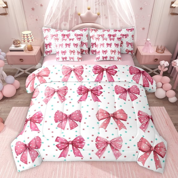 Homewish Kids Teenagers Cute Stars Bowtie Twin Bedding Sets 7-Piece,Starry Sky Bedding Comforter Set Microfiber,Dreamy Princess Bow Breathable Sheet Sets,Lightweight Room Decor,Reversible