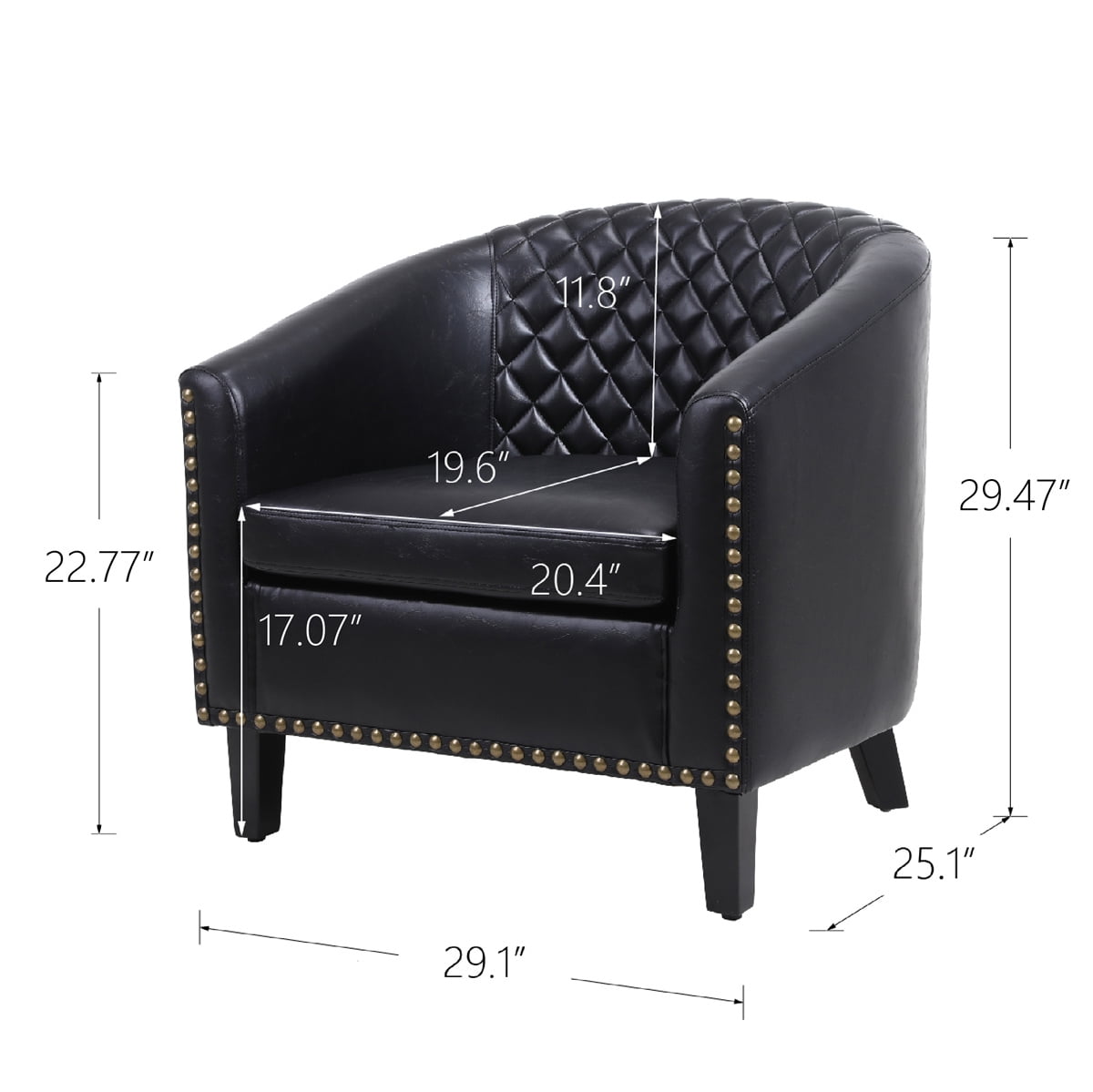 Modern Accent Barrel Chair Living Room Chair with Nailheads Trim and Solid Wood Legs,Upholstered PU Leather Armchair Mid-Century Leisure Lounge Chair Single Sofa Chair for Living Room Office,Black