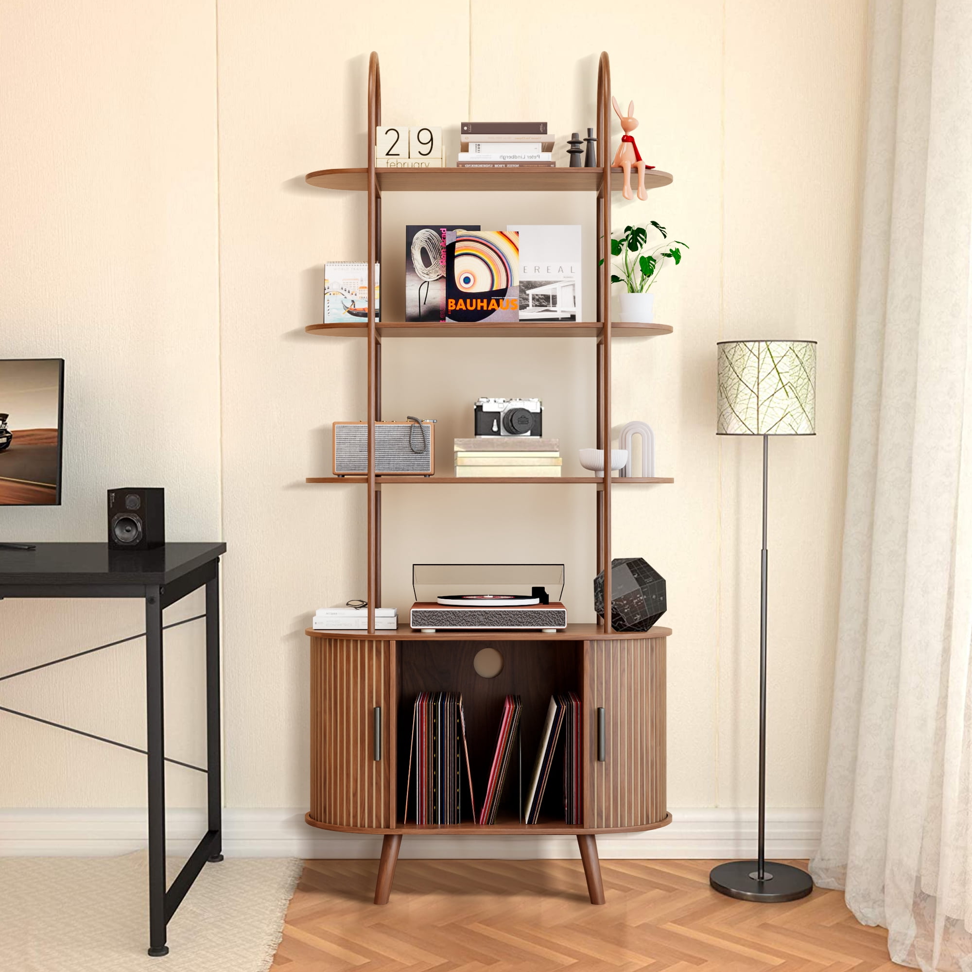 Tall Fluted Arched Bookshelf with Doors, Vinyl Record Player Stand with Storage for Living Room
