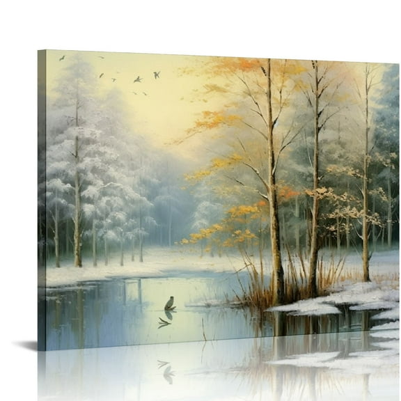COMIO Canvas Print Wall Art Winter Forest Landscape with Frozen Lake Nature Wilderness Illustrations Modern Art Rustic Scenic Colorful Multicolor for Living Room, Bedroom, Office
