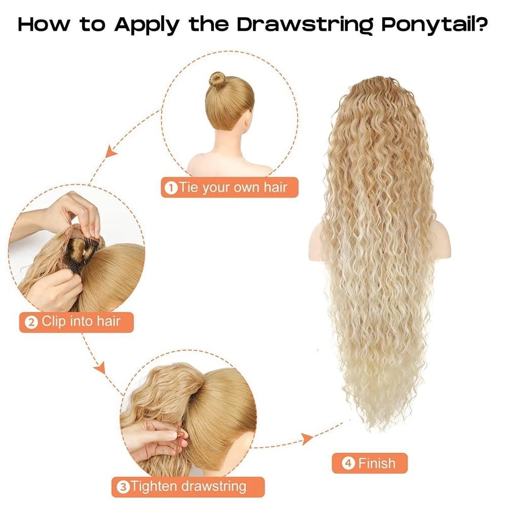 27T613 Blonde Curly Drawstring Ponytail Extension 36 Inch Long Multi Layered Synthetic Ponytail Hair Piece
