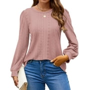 Fantaslook Eyelet Blouses for Women Dressy Casual Long Sleeve Shirts Crew Neck Fall Trendy Tops