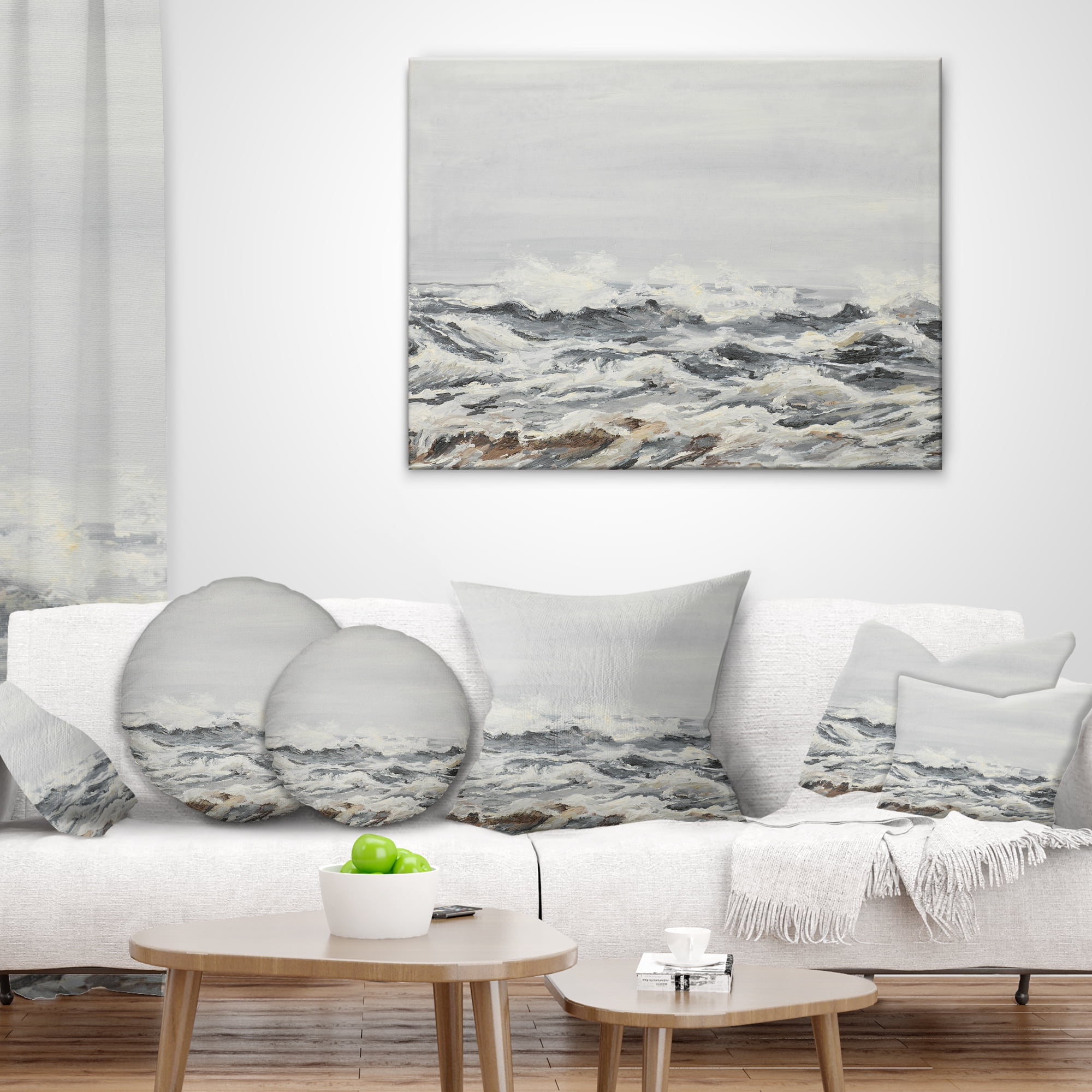 Designart Grey Sea Waves - Seascape Throw Pillow - 18x18