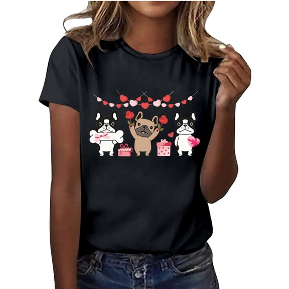 Tiweut Valentine's Shirts for Women Dog Graphic Cartoon Cute Short Sleeve Pullover Tops Crewneck Trendy Holiday Casual Tshirts,A-Black,L