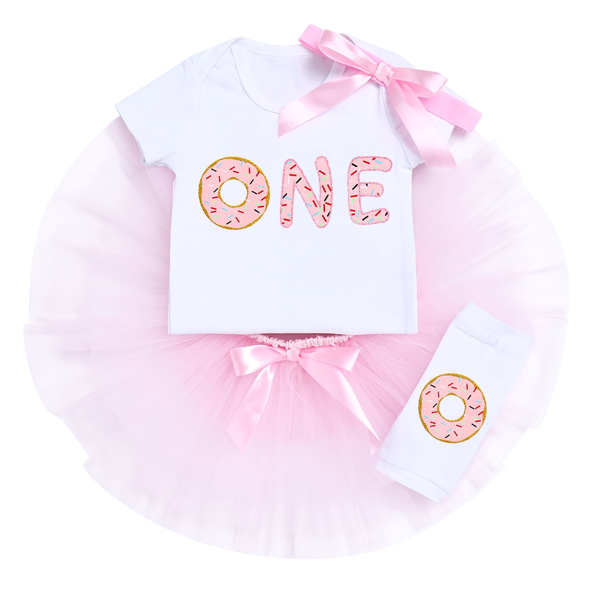 IBTOM CASTLE Baby Girls Donut One Half 1st/2nd Birthday Outfit Sweet Romper Tutu Dress Leggings Princess Skirt Clothes Set 1 Year Donut White-one