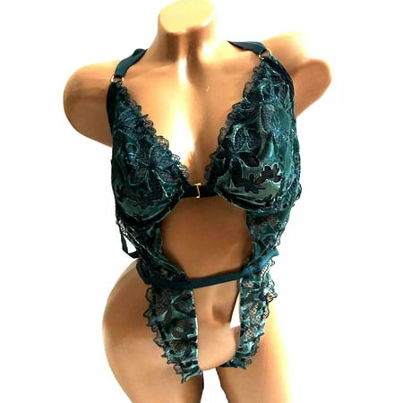 Victoria s Secret Lingerie Teddy One Piece Bodysuit Velvet Lace Floral Dark Green Size X-Large NWT