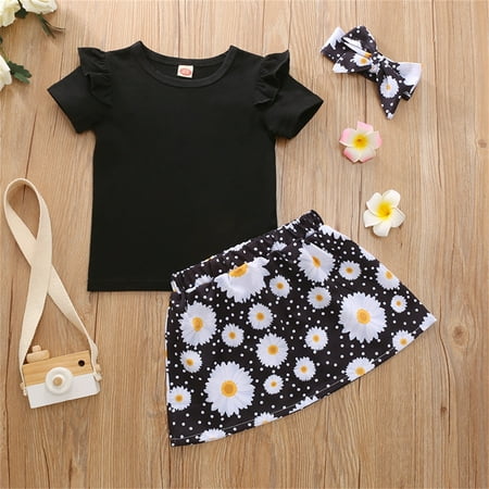 

AURIGATE Clearance! Toddler Baby Girls Flying Sleeve Top Daisy Skirt Headwear Clothes Set
