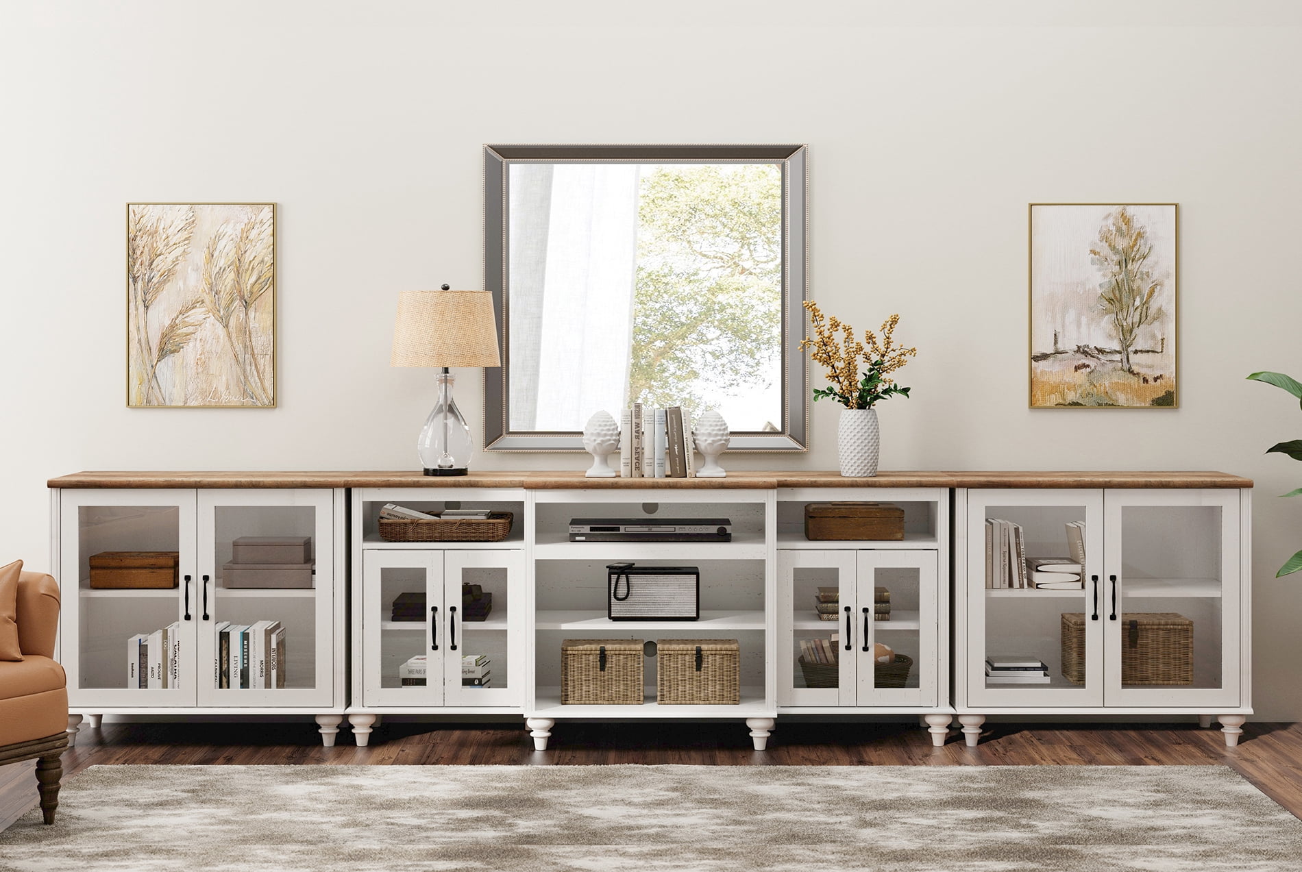 WAMPAT Large TV Stand for 100 Inch TV, TV Console Table with Glass Door Cabinet for Living Room, Off White