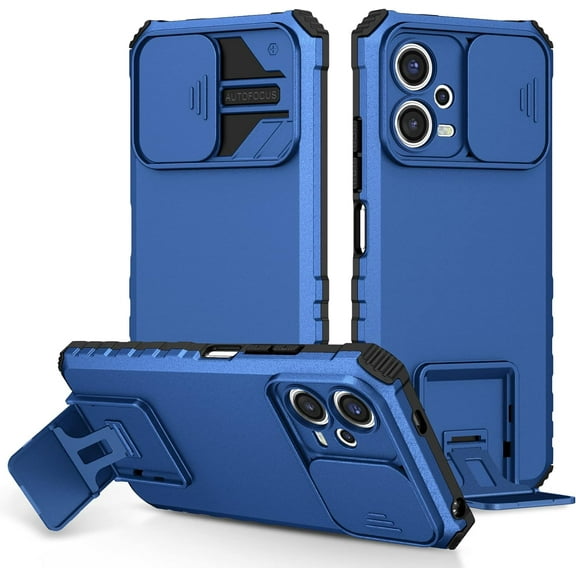 for Xiaomi Redmi Note 12 5G Case (Not 4G) with Slide Camera Cover, [Military Drop Protection] Hard Back & Soft Edge Phone Case with Stereo Bracket for Redmi Note 12 5G/ Poco X5 LTT Blue