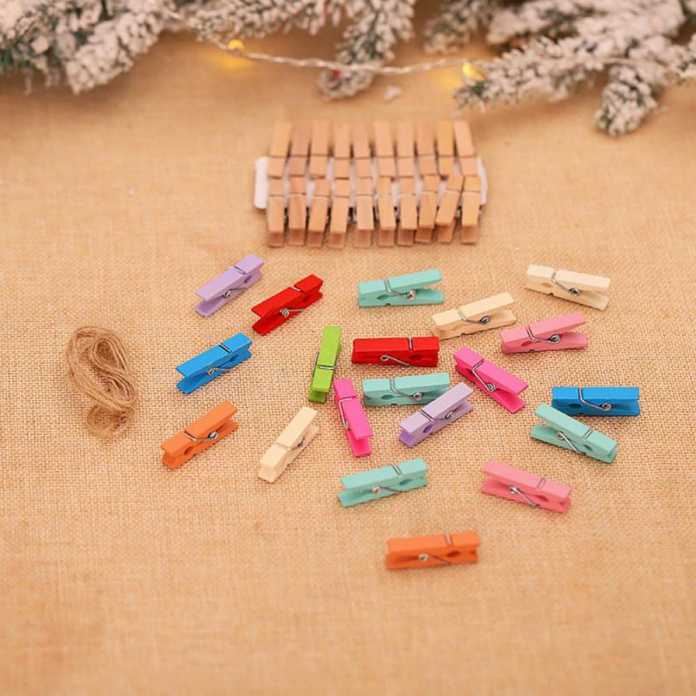 Red 100 Colored Wooden Large Pegs Clothespins Craft Photo Clips with 20 meters Jute Twine for Craft Rustic Decoration