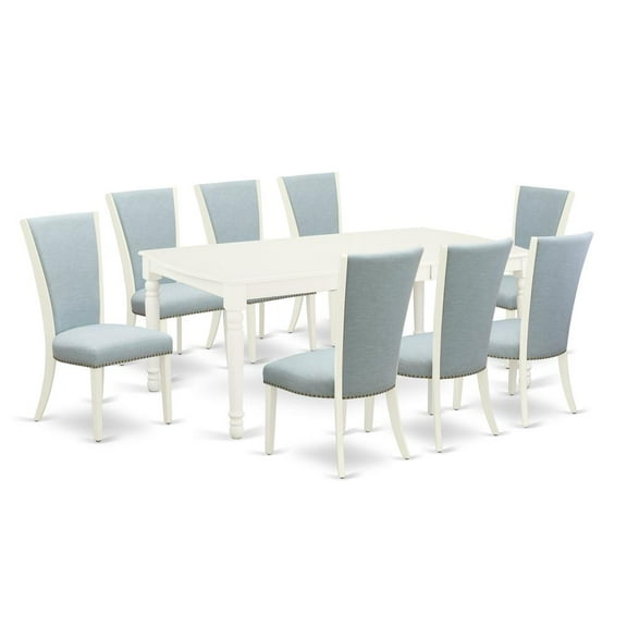 East West Furniture East-West Furniture DOVE9-LWH-15 - A modern dining table set of 8 great kitchen chairs with Linen Fabric Baby Blue color and an attractive wood kitchen table with Linen White...