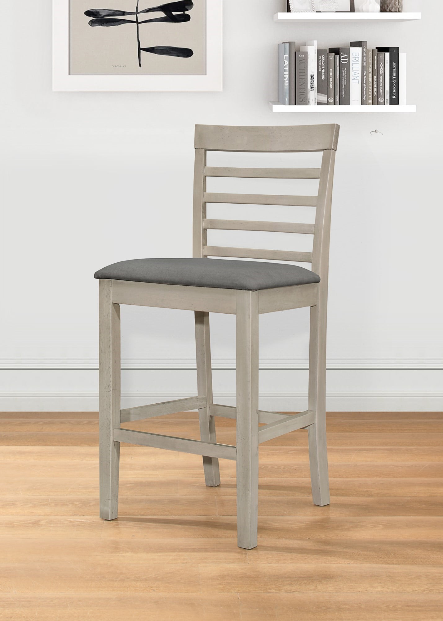 Home Design Posey 5-Piece Counter Set, Antique Gray/Gray, Square Table with Slat-Back Cushioned Chairs, Modern Minimalist Style