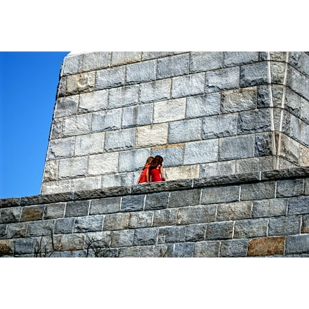 canvas print best friends whispering stone wall monument girls stretched canvas 10 x