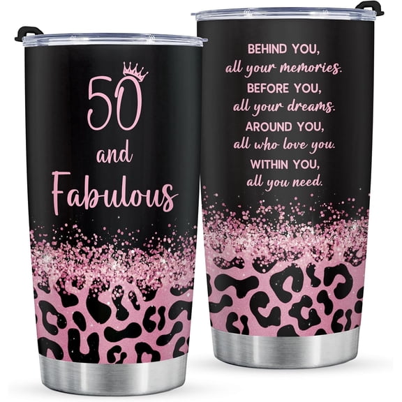 50th Birthday Gifts for Her, 50th Birthday Tumbler Gifts for Women, 50 Year Old Gift for Women Mom Friend Sister Wife, 50 and Fabulous Travel Mug, 20oz, Leopard