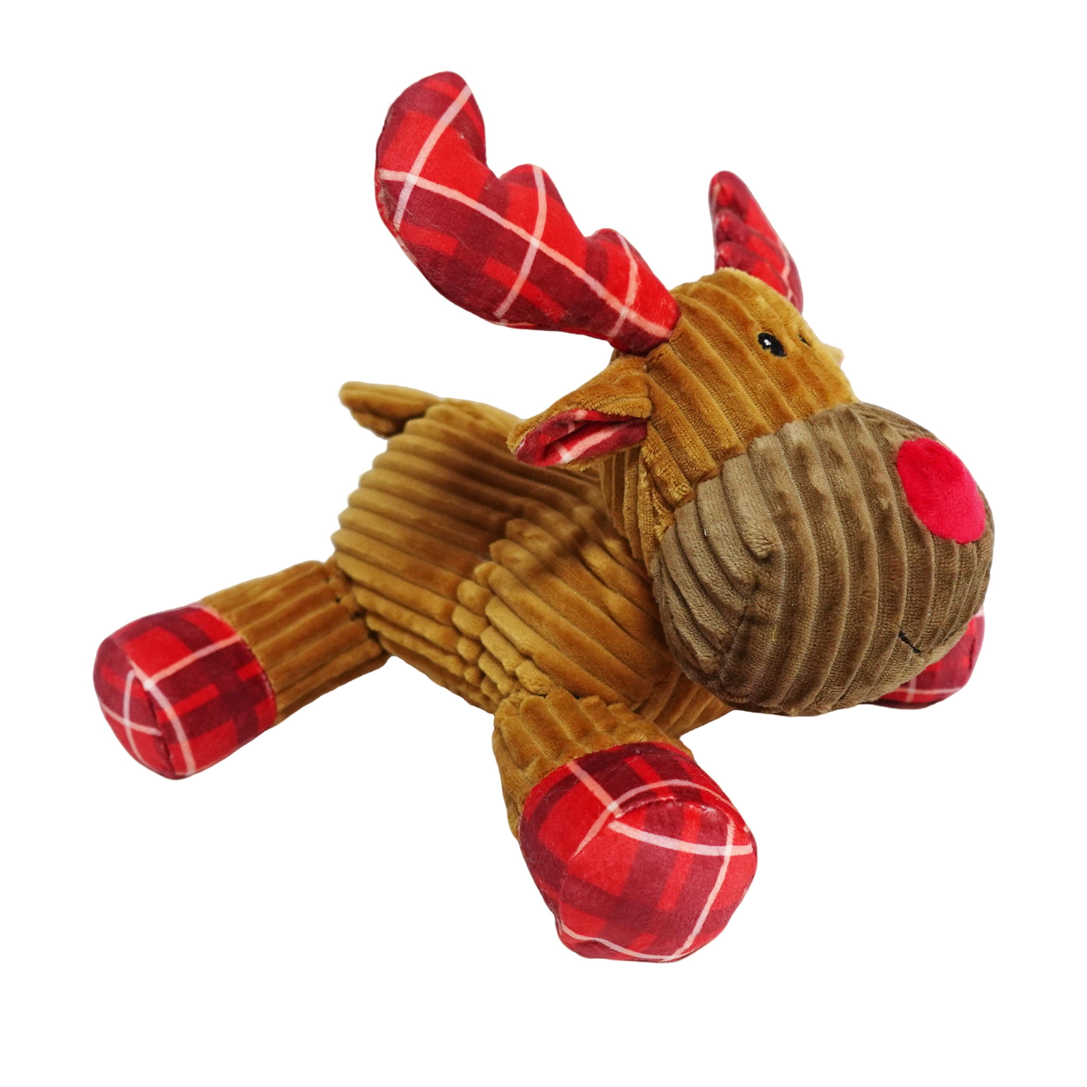 Vibrant Life Holiday Plaid Reindeer Plush Dog Toy with Squeaker, Brown and Red, Chew Level 3