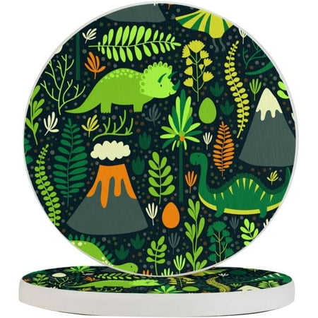 

Set of 2 Round Coasters Different-Green-Dinosaurs-Floral for Drinks 4 Inch Ceramic Cups Place Mats Home Decor